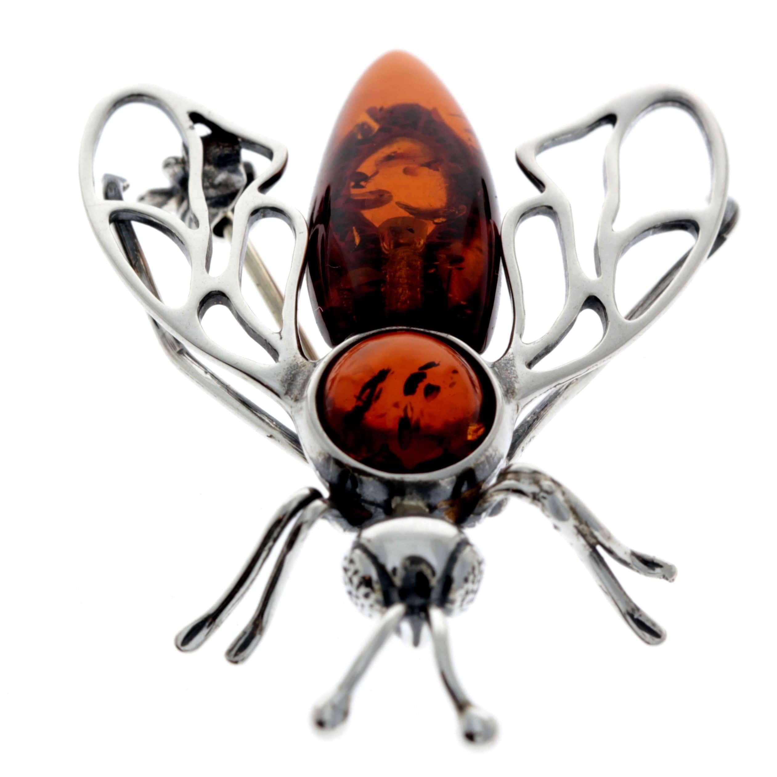 925 Sterling Silver & Genuine Baltic Amber Wasp Fly Brooch - AC803