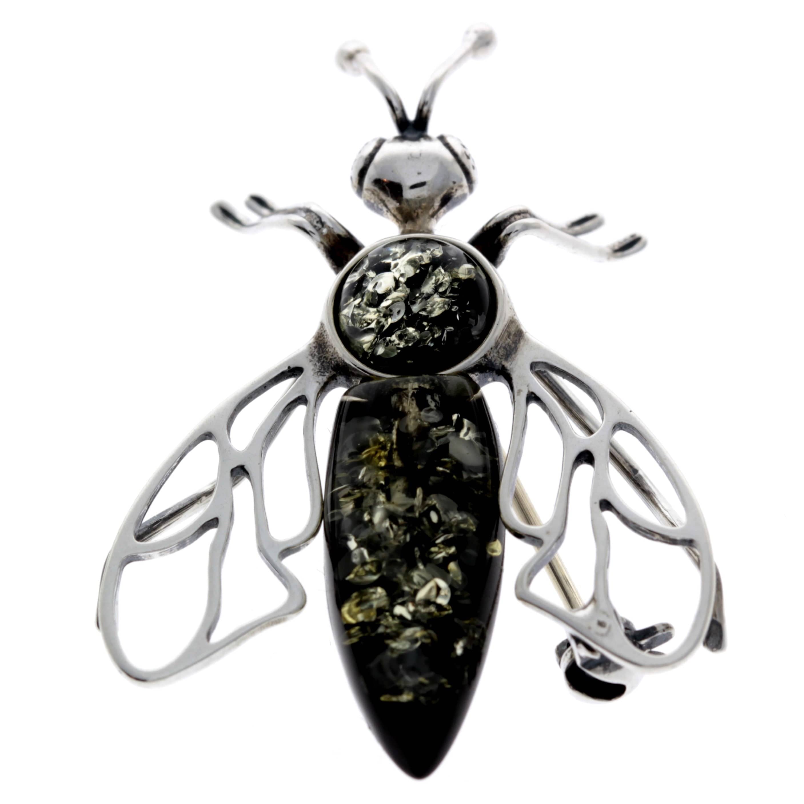 925 Sterling Silver & Genuine Baltic Amber Wasp Fly Brooch - AC803
