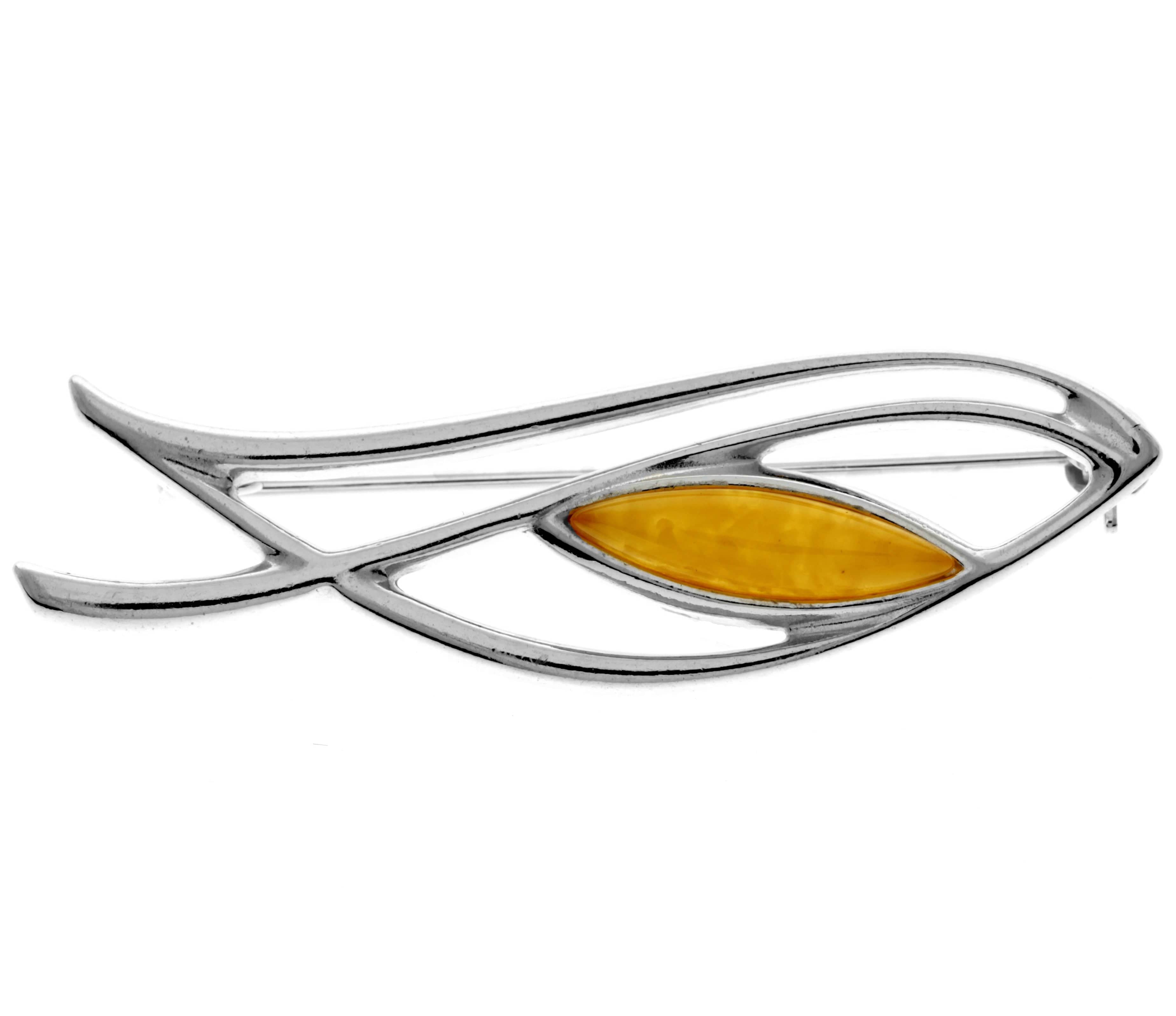 925 Sterling Silver & Genuine Baltic Amber Classic Brooch - AC804