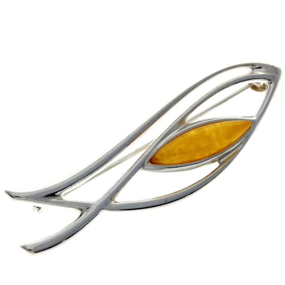 925 Sterling Silver & Genuine Baltic Amber Classic Brooch - AC804