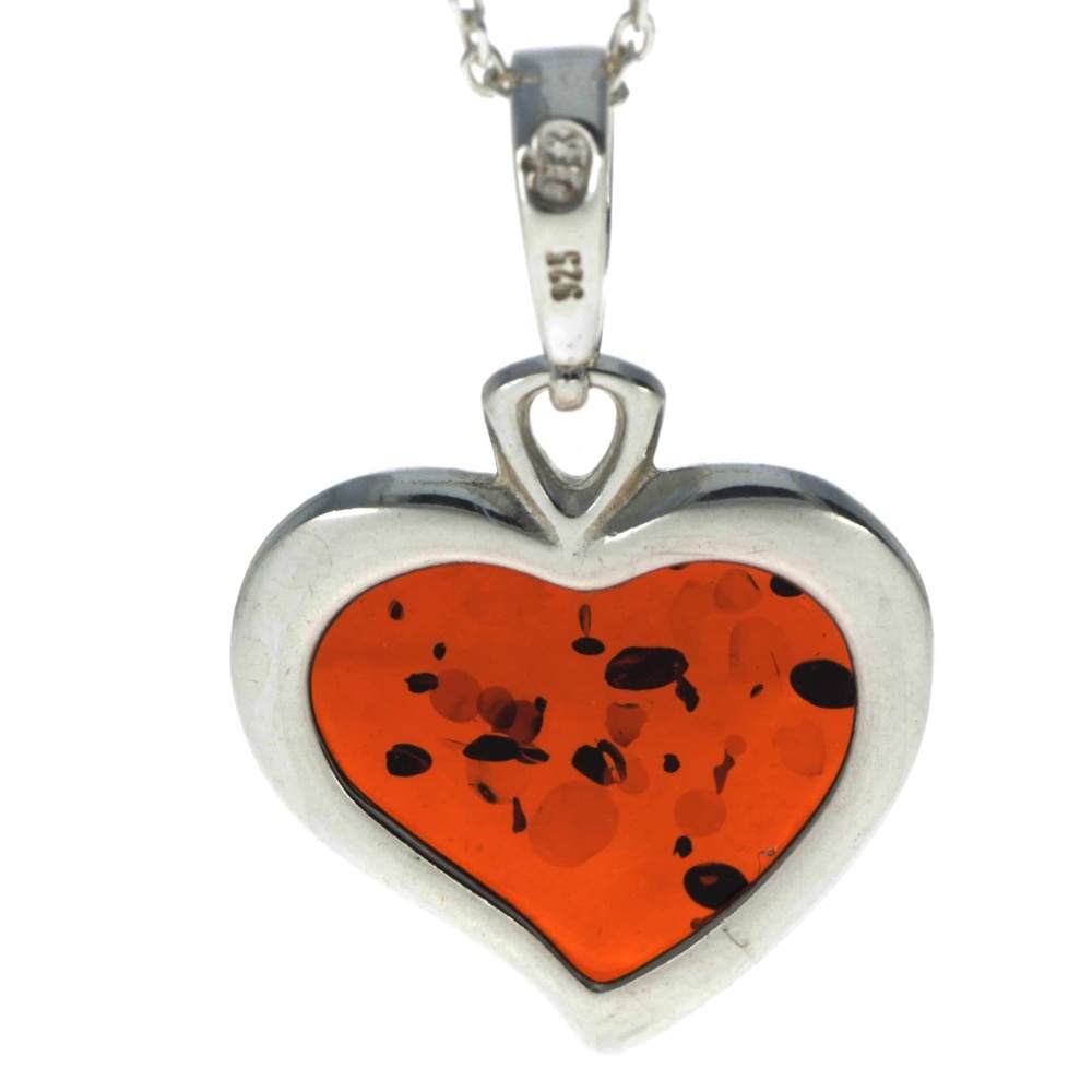 925 Sterling Silver & Baltic Amber Classic Heart Engraved Pendant - AD200