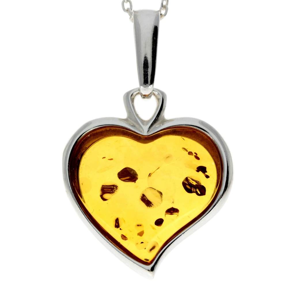 925 Sterling Silver & Baltic Amber Classic Heart Engraved Pendant - AD200