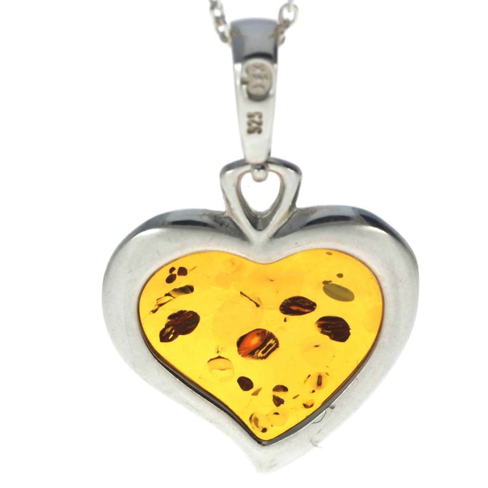 925 Sterling Silver & Baltic Amber Classic Heart Engraved Pendant - AD200