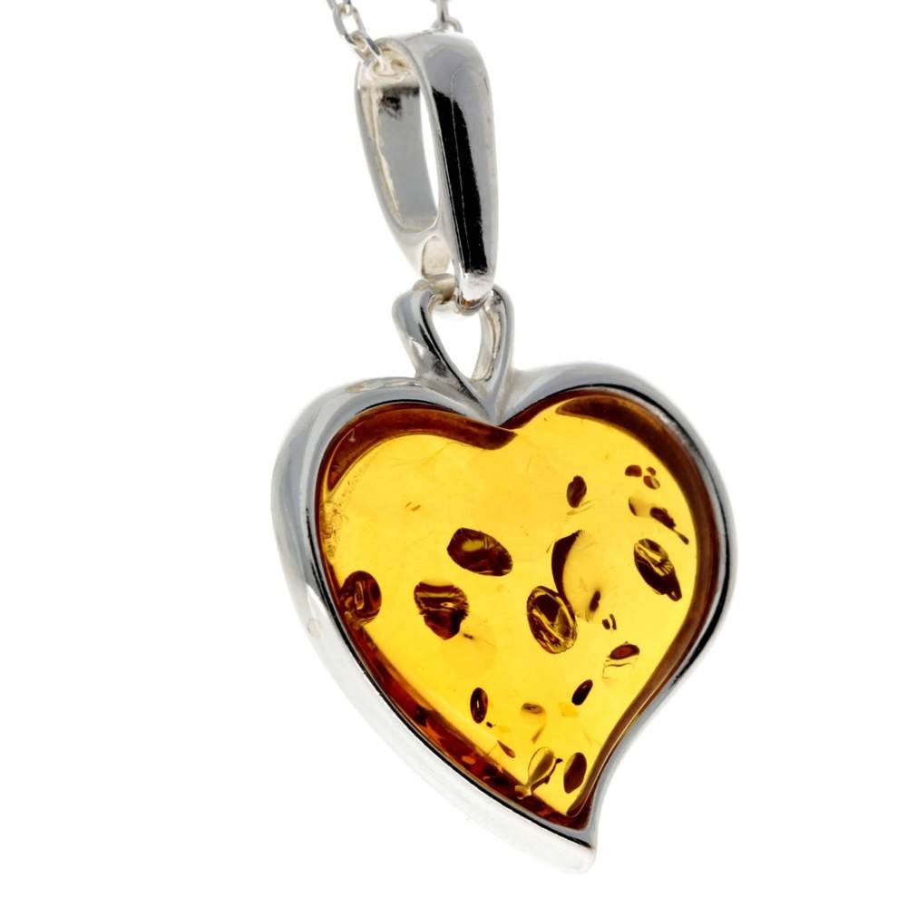 925 Sterling Silver & Baltic Amber Classic Heart Engraved Pendant - AD200