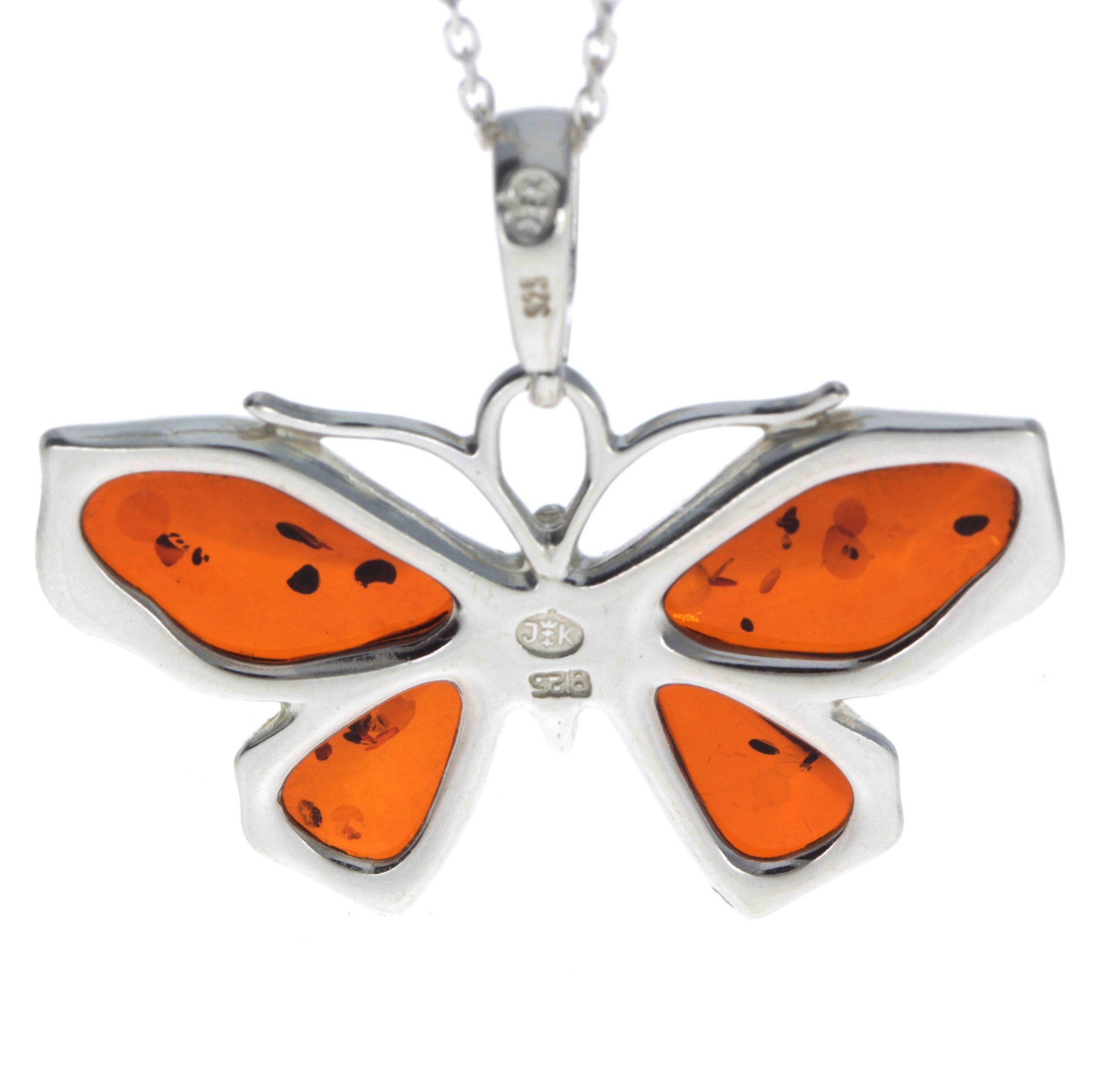 925 Sterling Silver & Genuine Baltic Amber Butterfly Pendant - AD217
