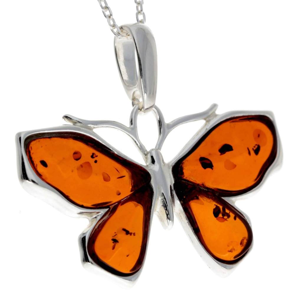 925 Sterling Silver & Genuine Baltic Amber Butterfly Pendant - AD217