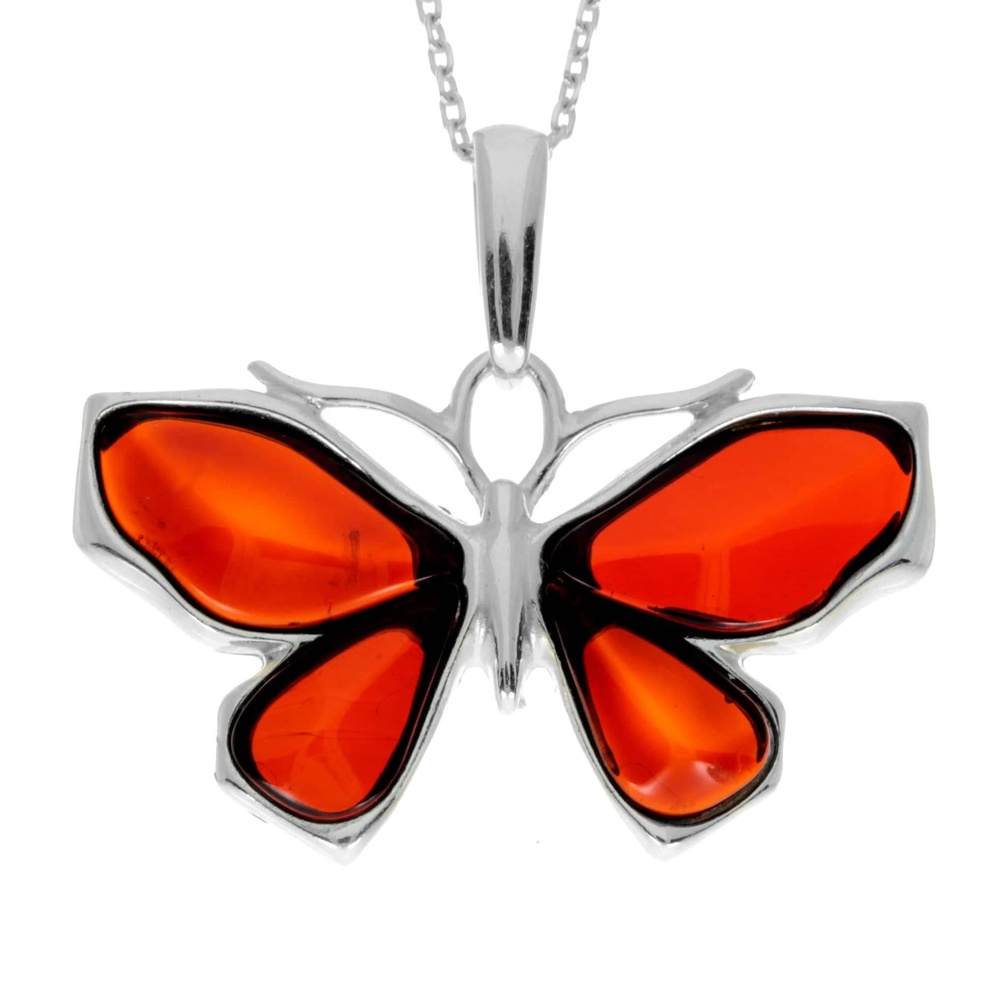 925 Sterling Silver & Genuine Baltic Amber Butterfly Pendant - AD217