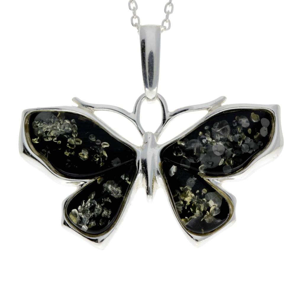 925 Sterling Silver & Genuine Baltic Amber Butterfly Pendant - AD217