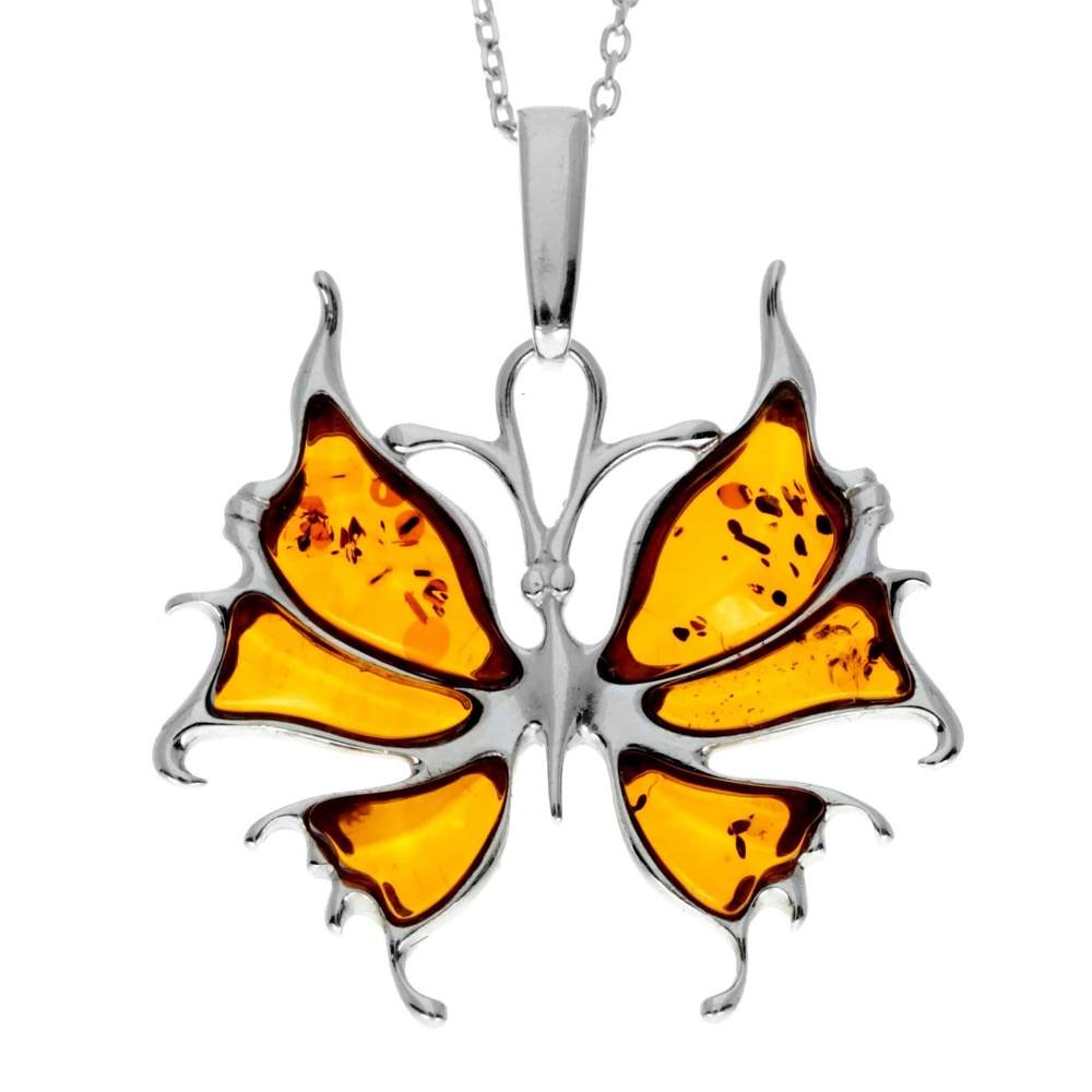 925 Sterling Silver & Genuine Baltic Amber Modern Butterfly Pendant - AD223