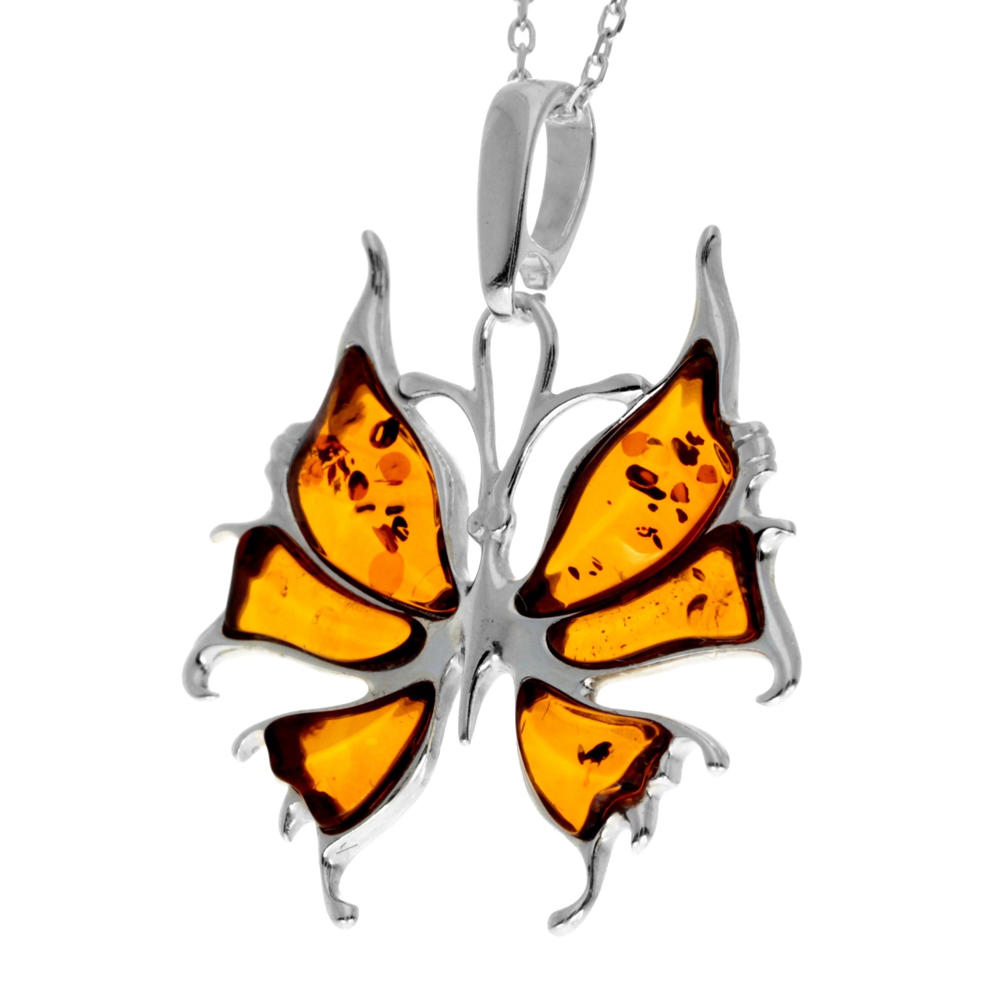925 Sterling Silver & Genuine Baltic Amber Modern Butterfly Pendant - AD223
