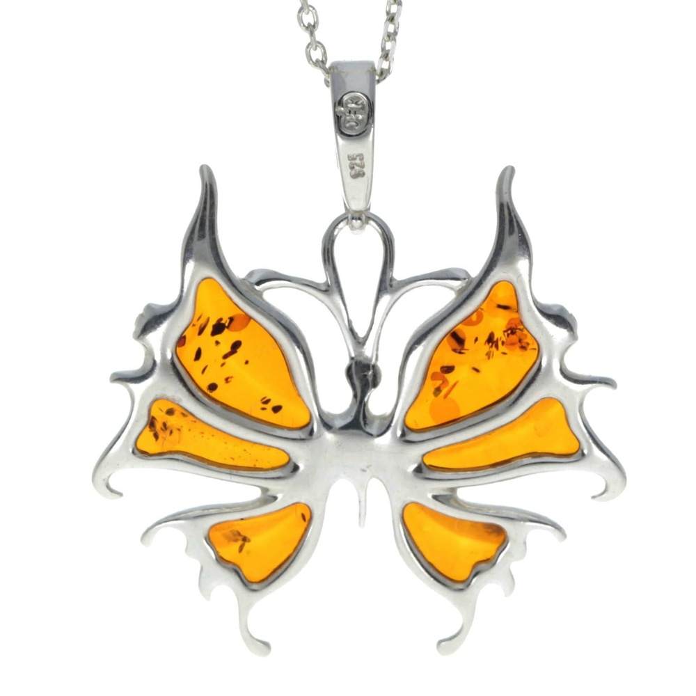 925 Sterling Silver & Genuine Baltic Amber Modern Butterfly Pendant - AD223