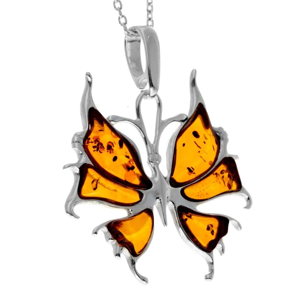 925 Sterling Silver & Genuine Baltic Amber Modern Butterfly Pendant - AD223