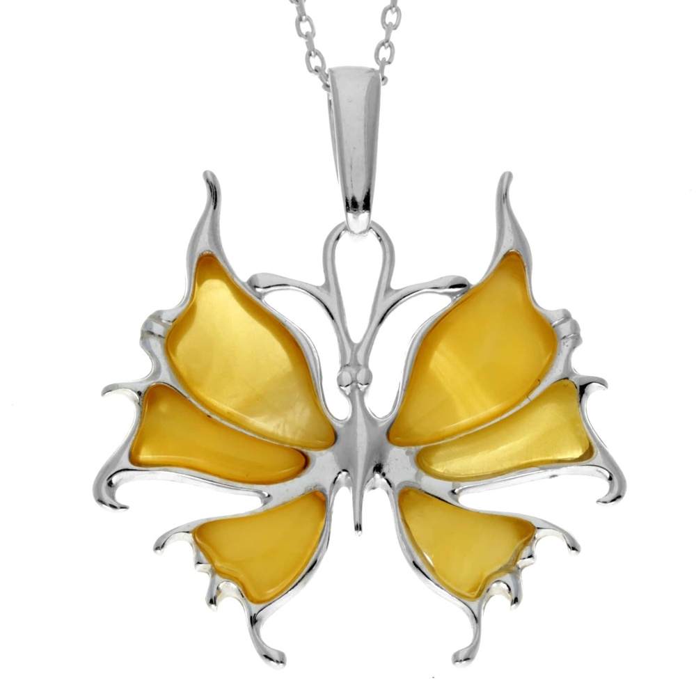 925 Sterling Silver & Genuine Baltic Amber Modern Butterfly Pendant - AD223