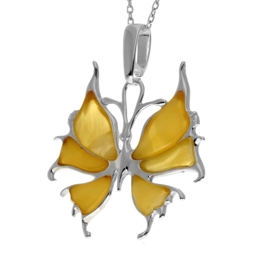 925 Sterling Silver & Genuine Baltic Amber Modern Butterfly Pendant - AD223