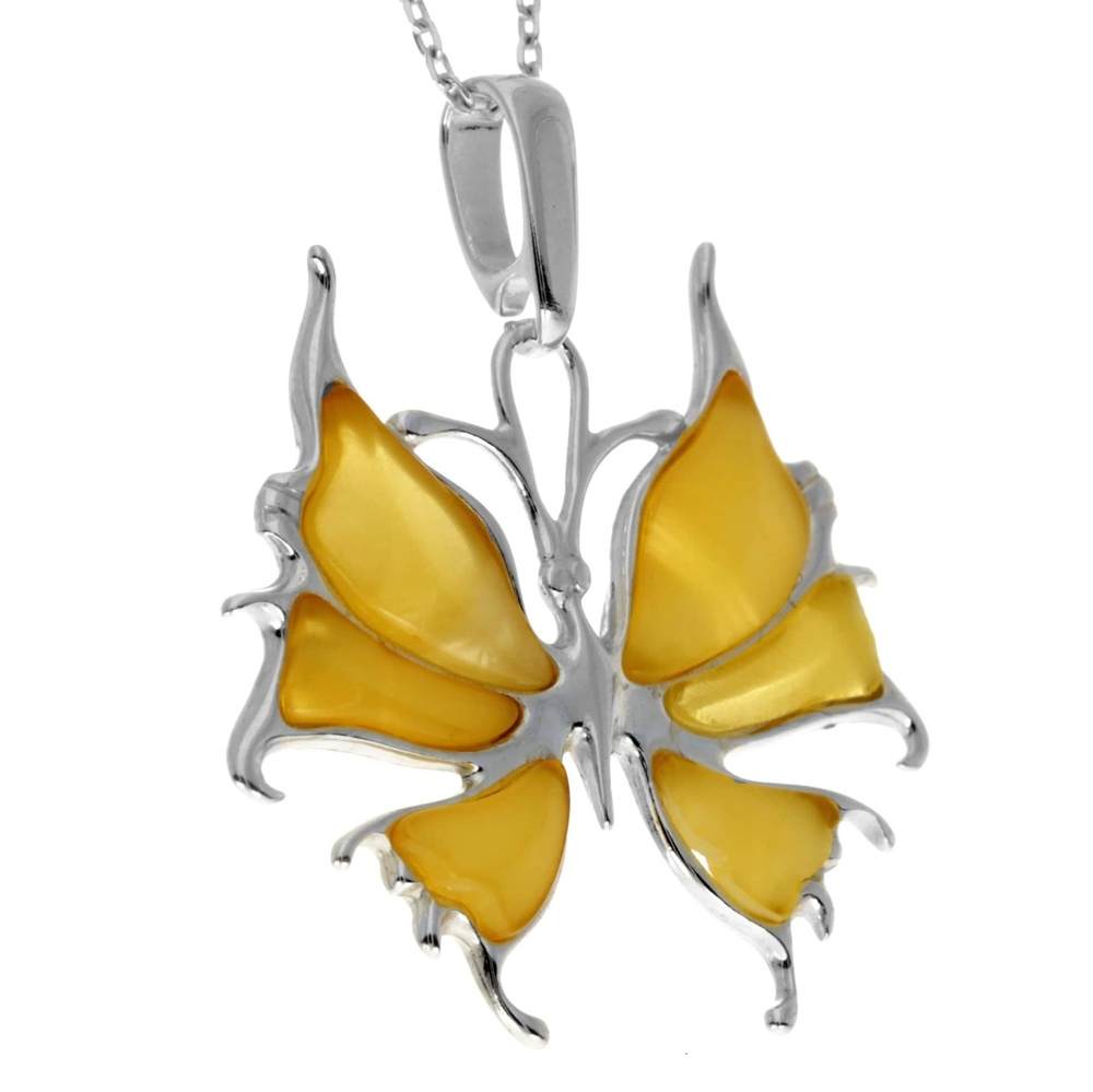 925 Sterling Silver & Genuine Baltic Amber Modern Butterfly Pendant - AD223