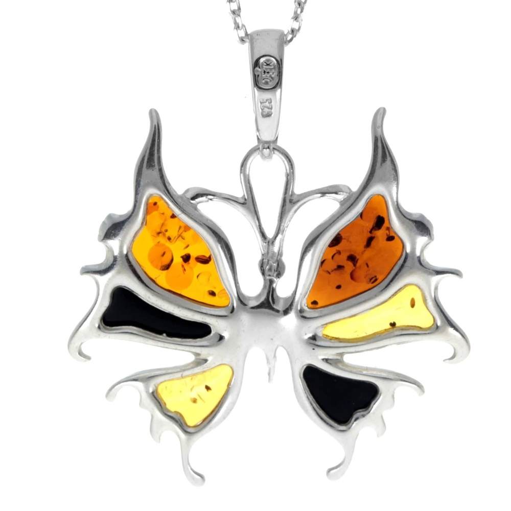 925 Sterling Silver & Genuine Baltic Amber Modern Butterfly Pendant - AD223