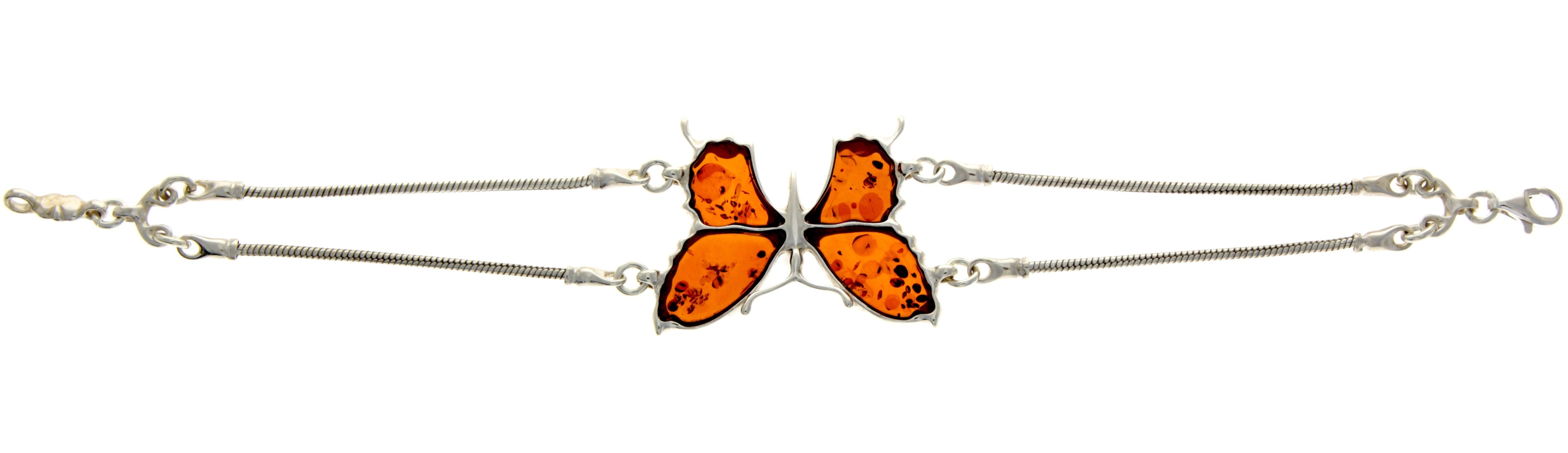 925 Sterling Silver & Genuine Baltic Amber Snake Chain Butterfly Exclusive Bracelet - AD500