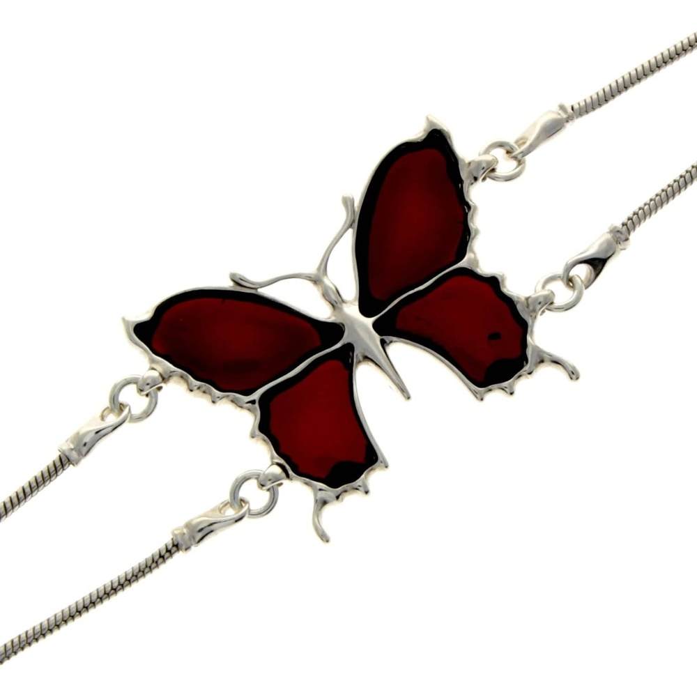 925 Sterling Silver & Genuine Baltic Amber Snake Chain Butterfly Exclusive Bracelet - AD500