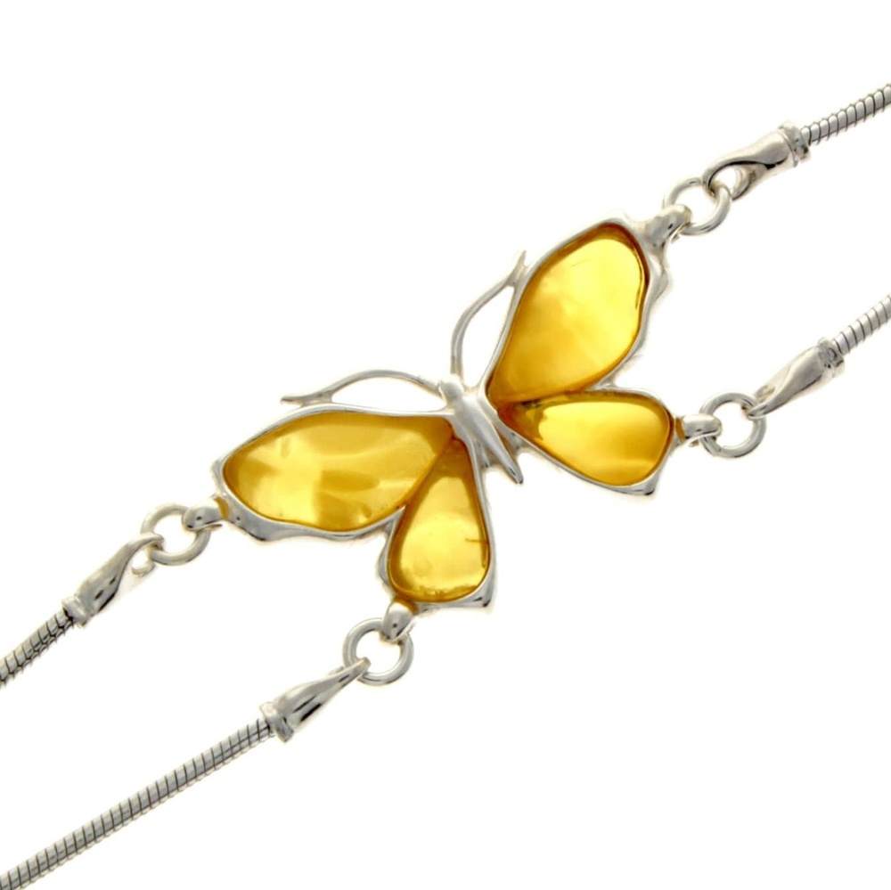 925 Sterling Silver & Genuine Baltic Amber Snake Chain Butterfly Exclusive Bracelet - AD501