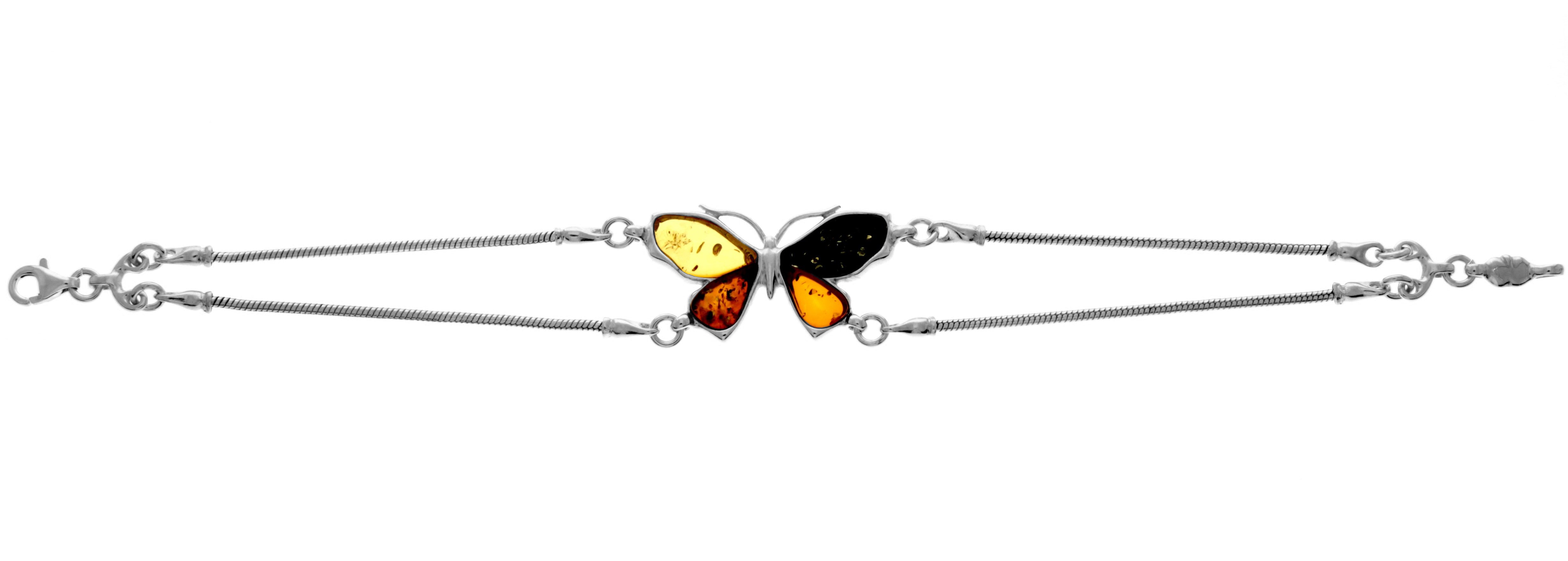 925 Sterling Silver & Genuine Baltic Amber Snake Chain Butterfly Exclusive Bracelet - AD501