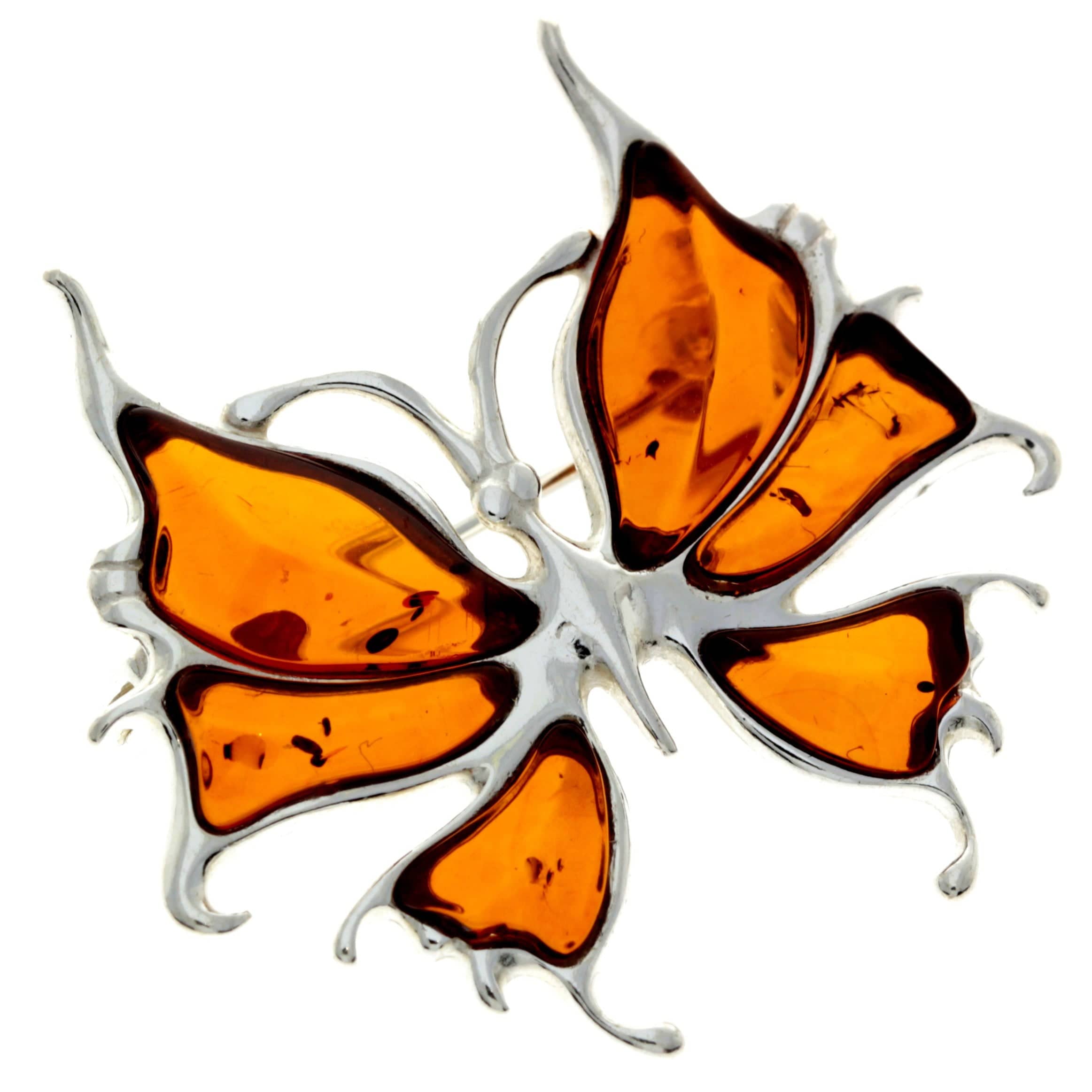 925 Sterling Silver & Genuine Baltic Amber Exclusive Small Butterfly Brooch - AD805S
