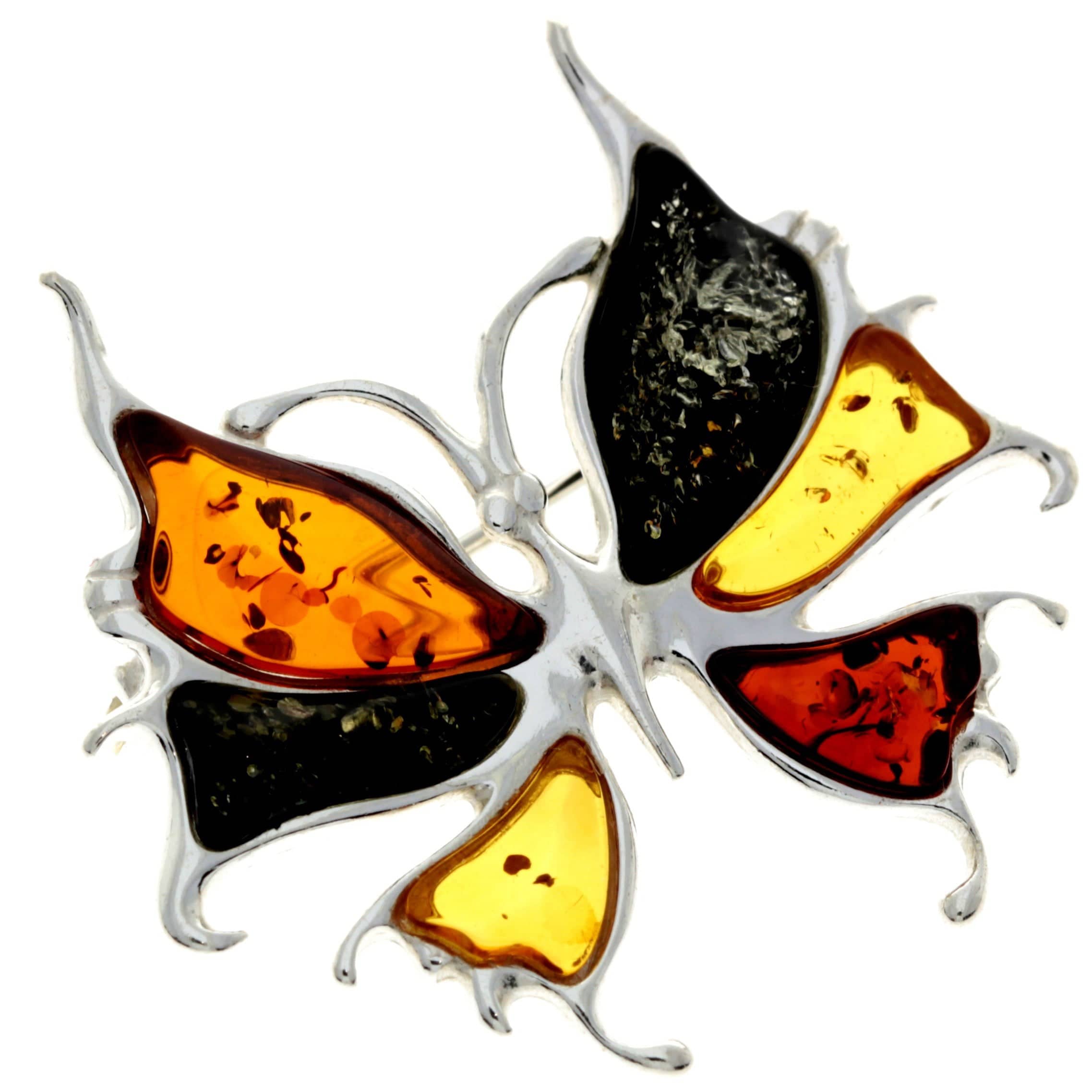 925 Sterling Silver & Genuine Baltic Amber Exclusive Small Butterfly Brooch - AD805S