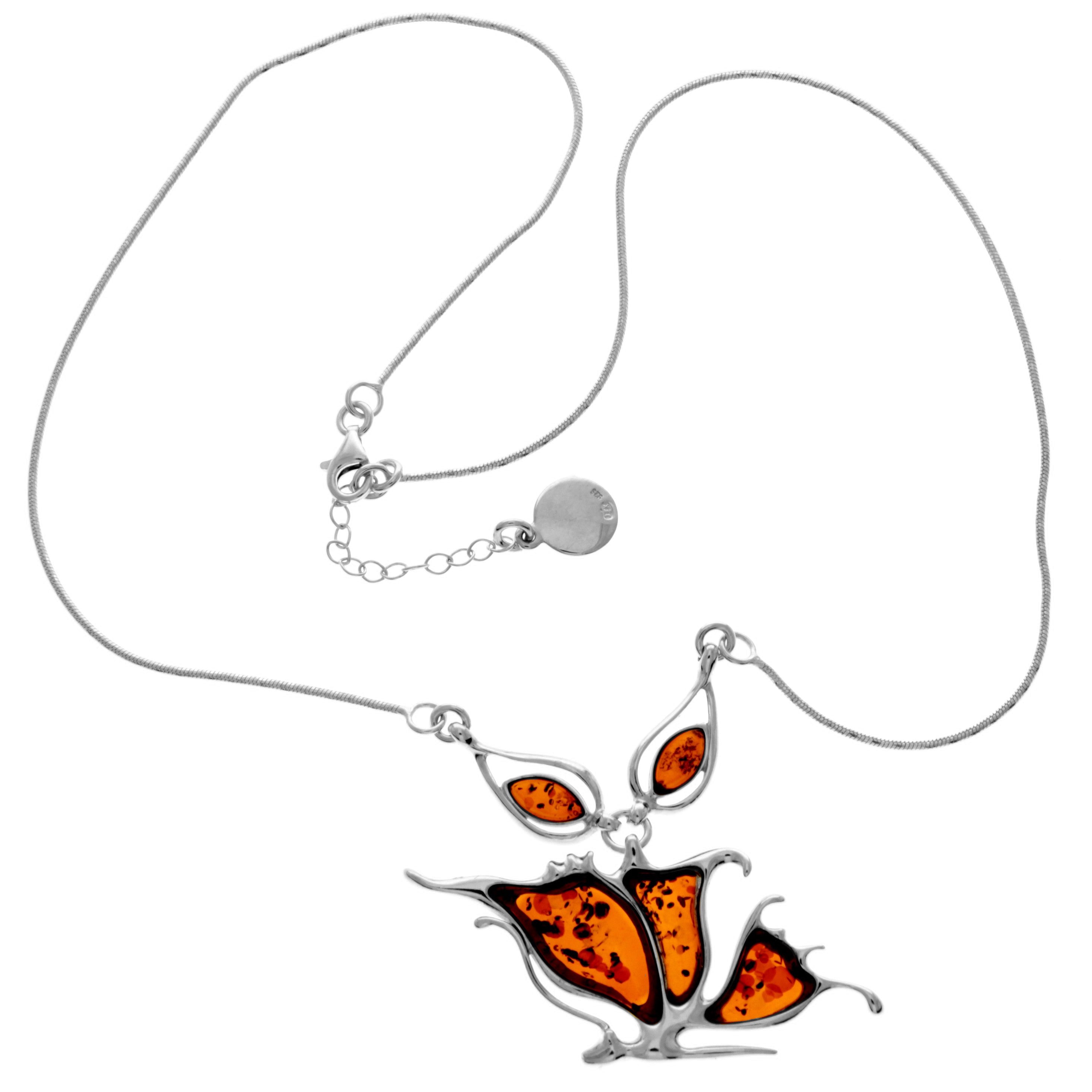 925 Sterling Silver & Genuine Baltic Amber Multi Stones Butterfly Modern Exclusive Necklace - AD901