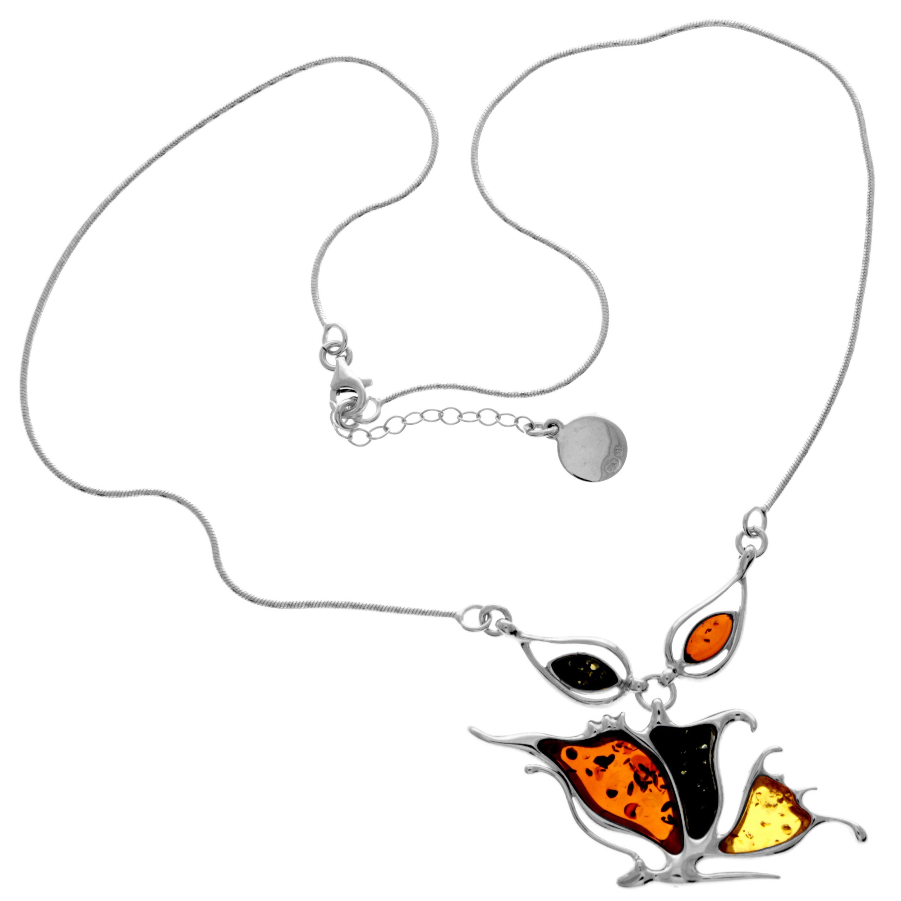 925 Sterling Silver & Genuine Baltic Amber Multi Stones Butterfly Modern Exclusive Necklace - AD901