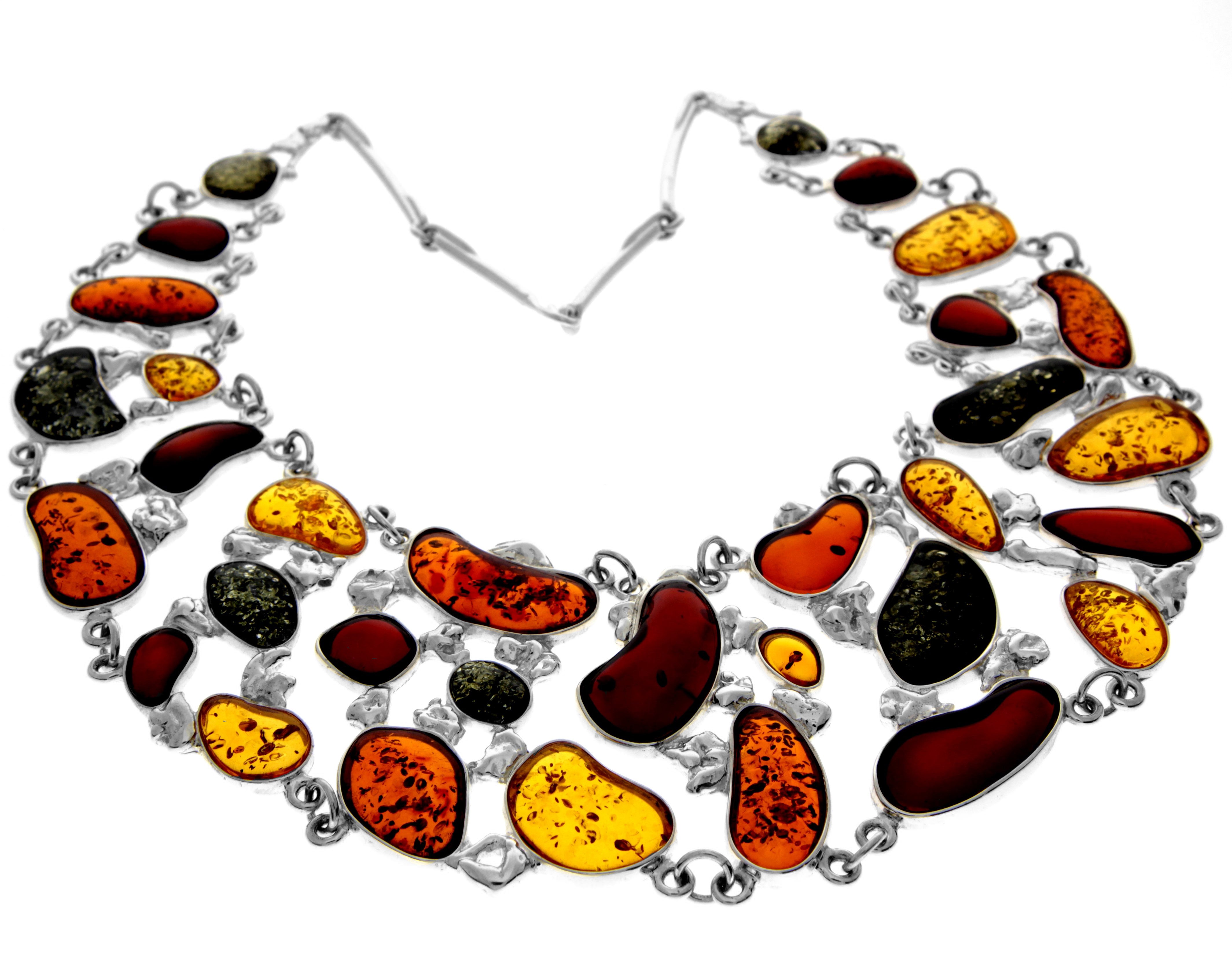 925 Sterling Silver & Genuine Baltic Amber Multi Stones Unique Heavy Exclusive Necklace - AD907