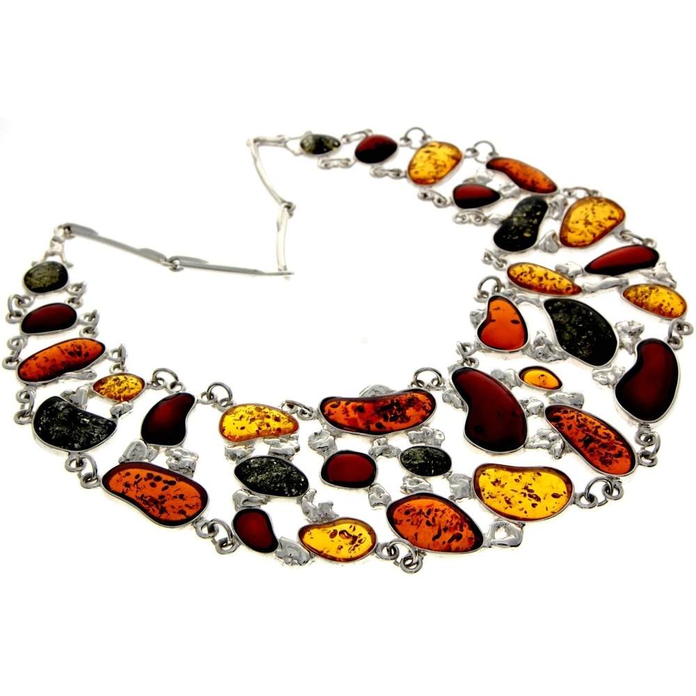 925 Sterling Silver & Genuine Baltic Amber Multi Stones Unique Heavy Exclusive Necklace - AD907