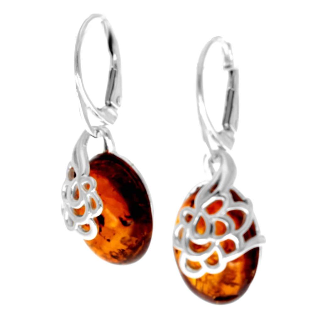 925 Sterling Silver & Genuine Baltic Amber Modern Drop Earrings - AE11