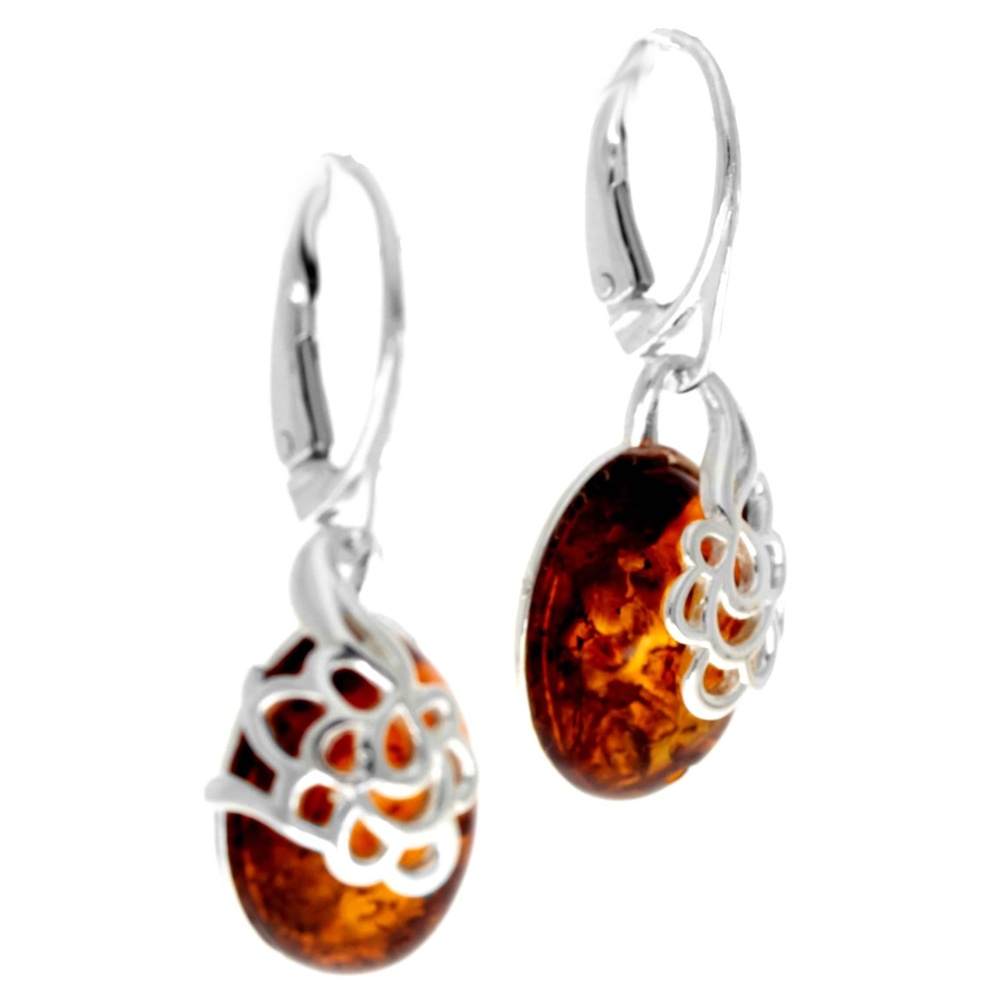 925 Sterling Silver & Genuine Baltic Amber Modern Drop Earrings - AE11