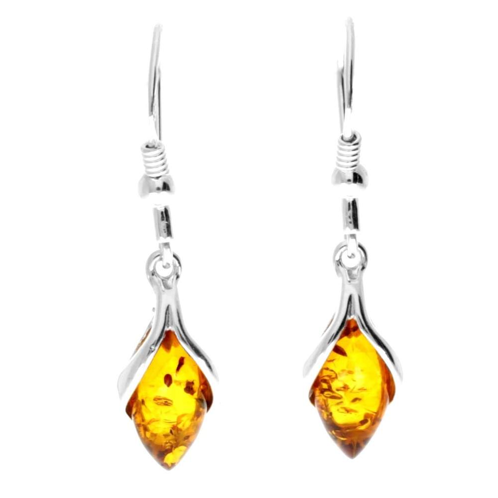 925 Sterling Silver & Genuine Baltic Amber Modern Drop Earrings - AE12