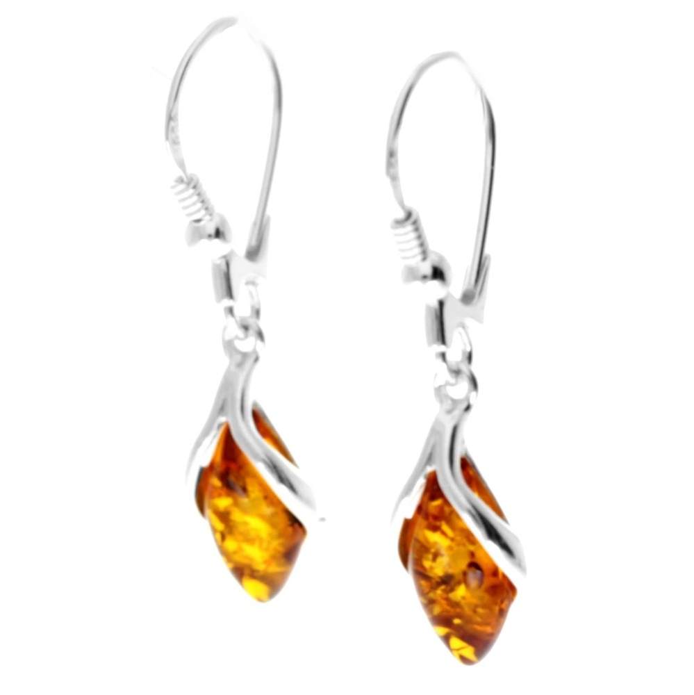 925 Sterling Silver & Genuine Baltic Amber Modern Drop Earrings - AE12