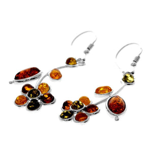 925 Sterling Silver & Genuine Baltic Amber Flower Drop Lever Back Earrings - AE13M