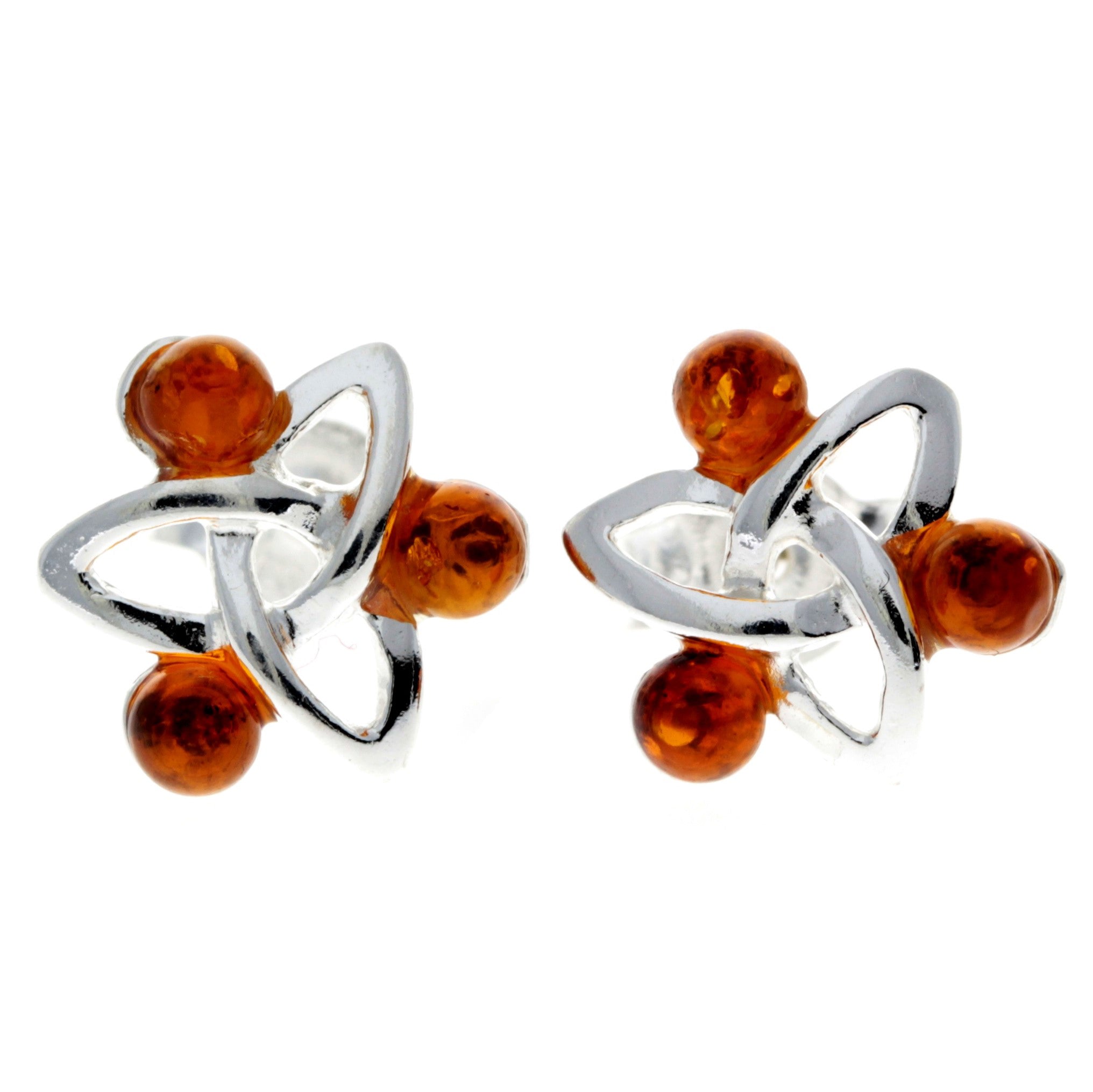 925 Sterling Silver & Genuine Baltic Amber 3 Stone Celtic Studs Earrings - AE2