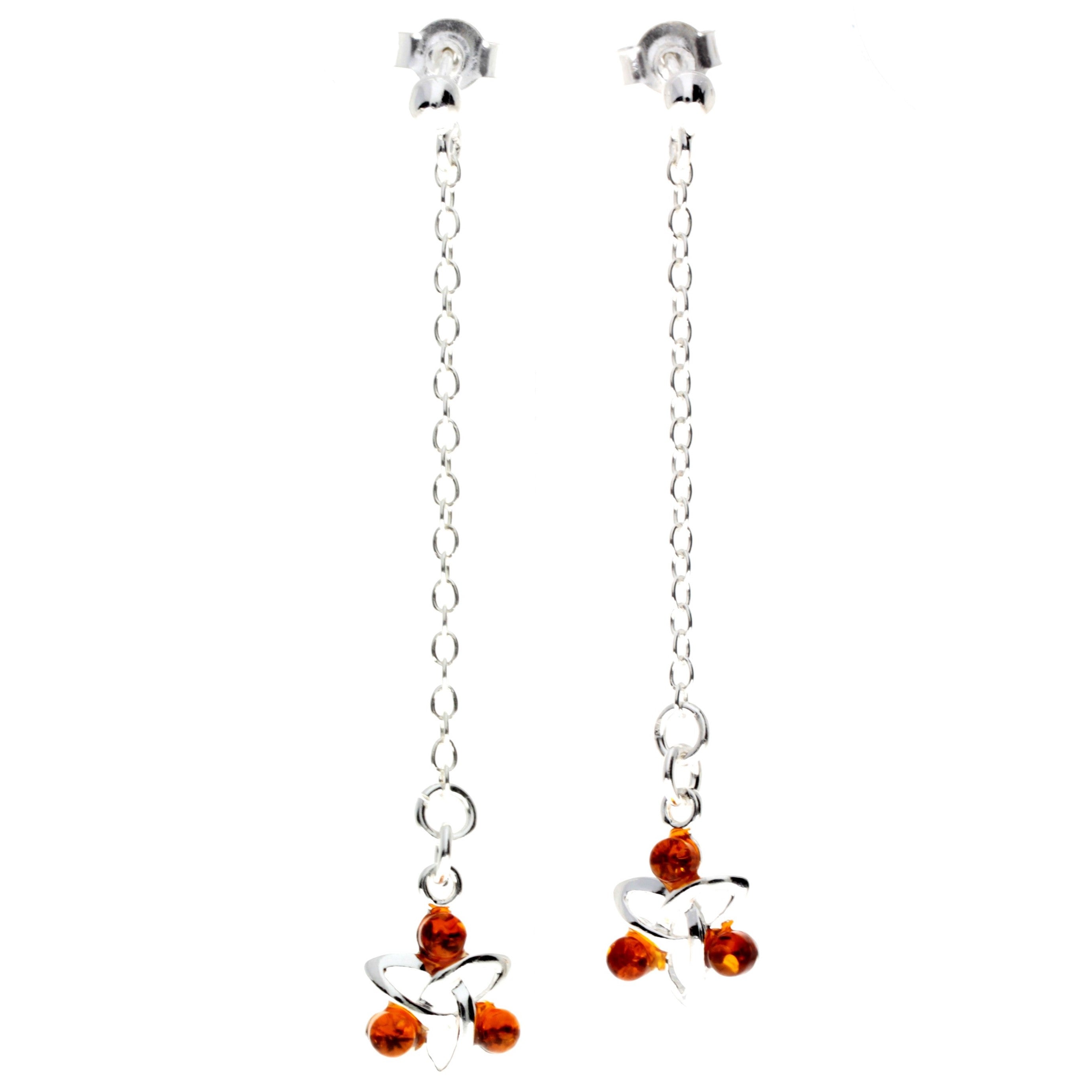 925 Sterling Silver & Genuine Baltic Amber 3 Stone Celtic Drop Earrings - AE2D