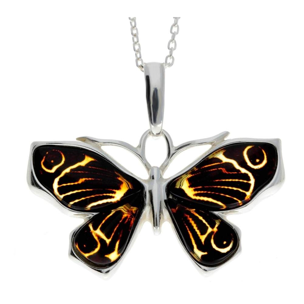 925 Sterling Silver & Genuine Baltic Amber Butterfly Pendant - AD217