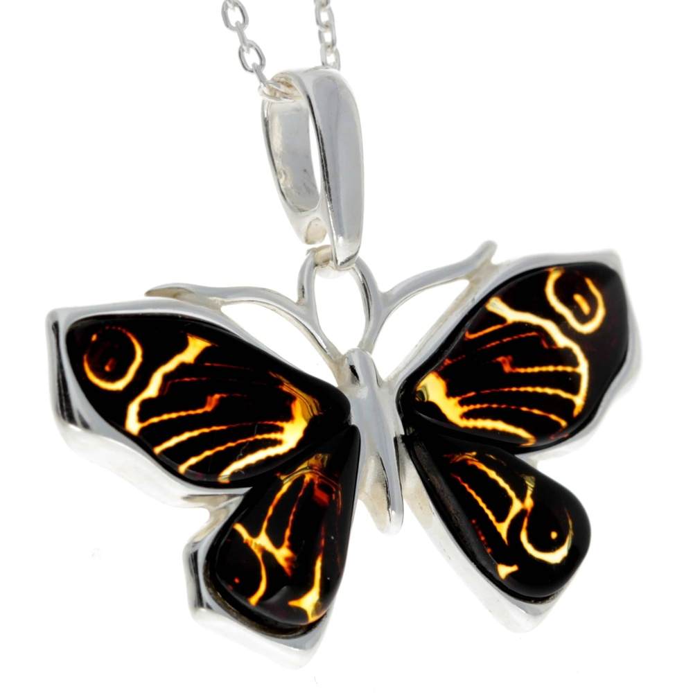 925 Sterling Silver & Genuine Baltic Amber Butterfly Pendant - AD217