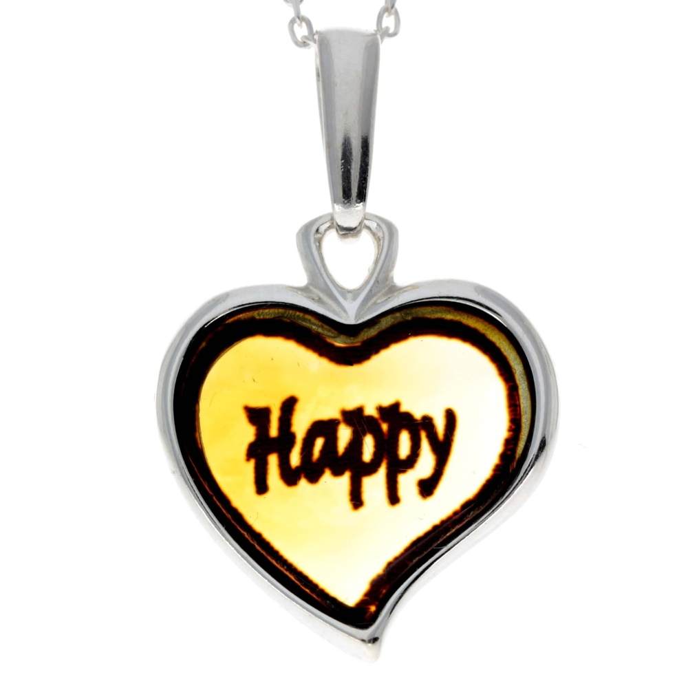 925 Sterling Silver & Baltic Amber Classic Heart Engraved Pendant - AD200