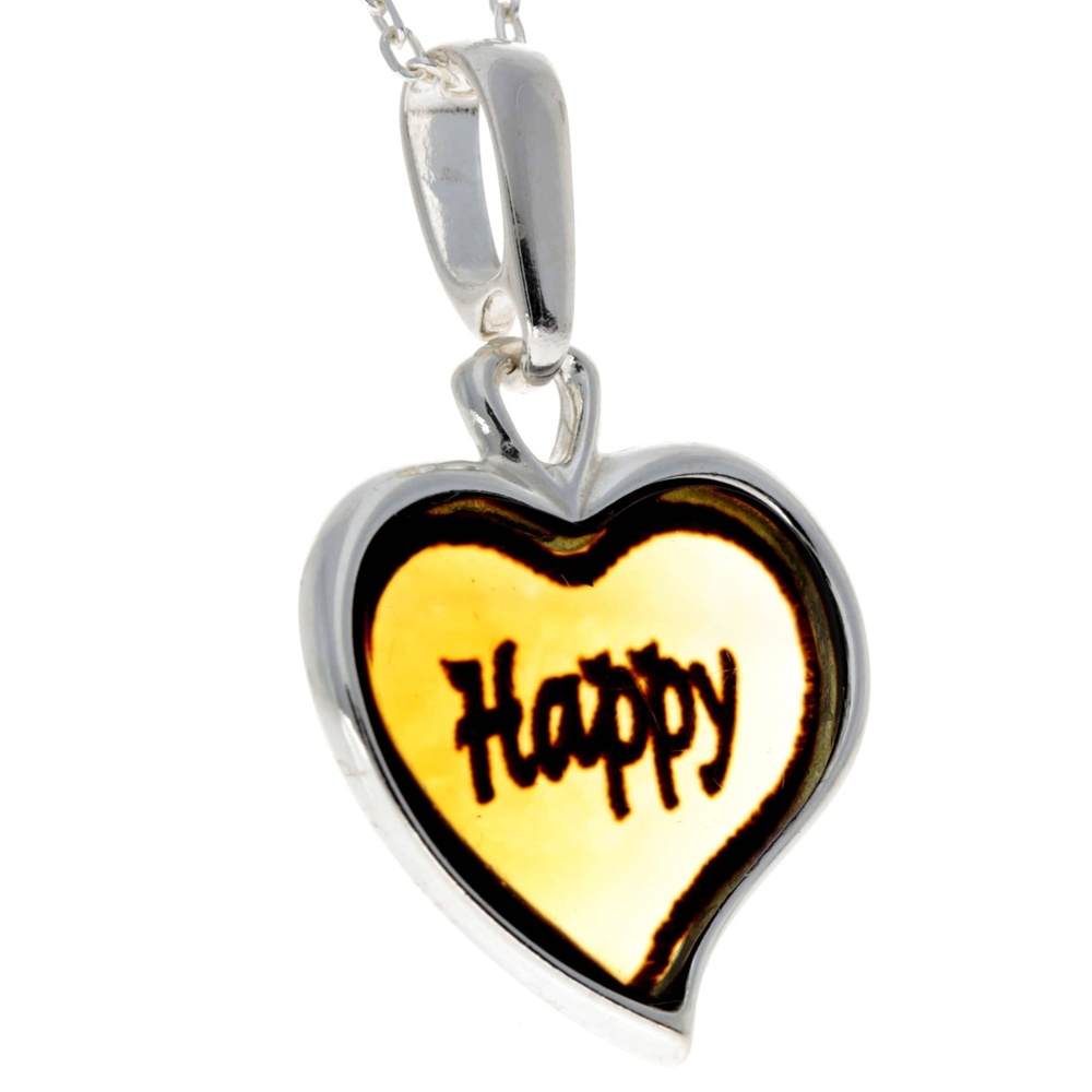 925 Sterling Silver & Baltic Amber Classic Heart Engraved Pendant - AD200