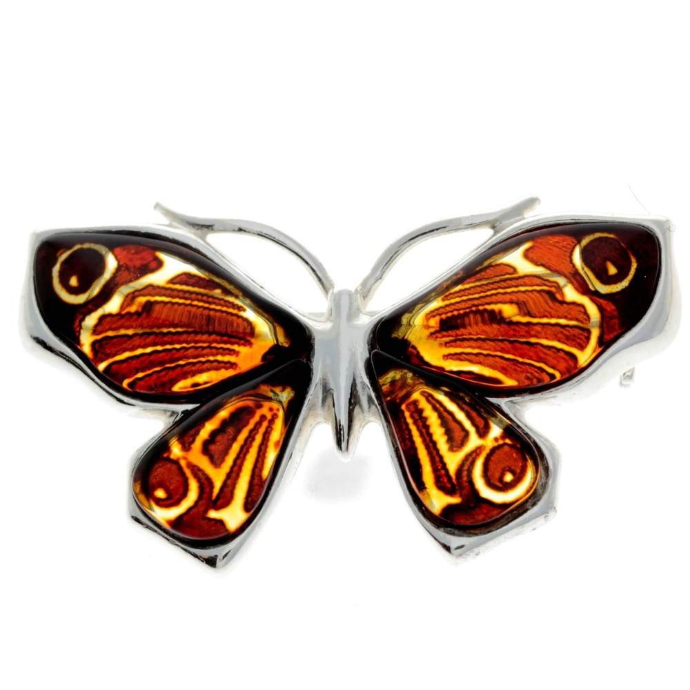 925 Sterling Silver & Baltic Amber Butterfly Engraved Brooch - AC800