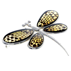 925 Sterling Silver & Genuine Engraved Baltic Amber Butterfly Brooch - AF803