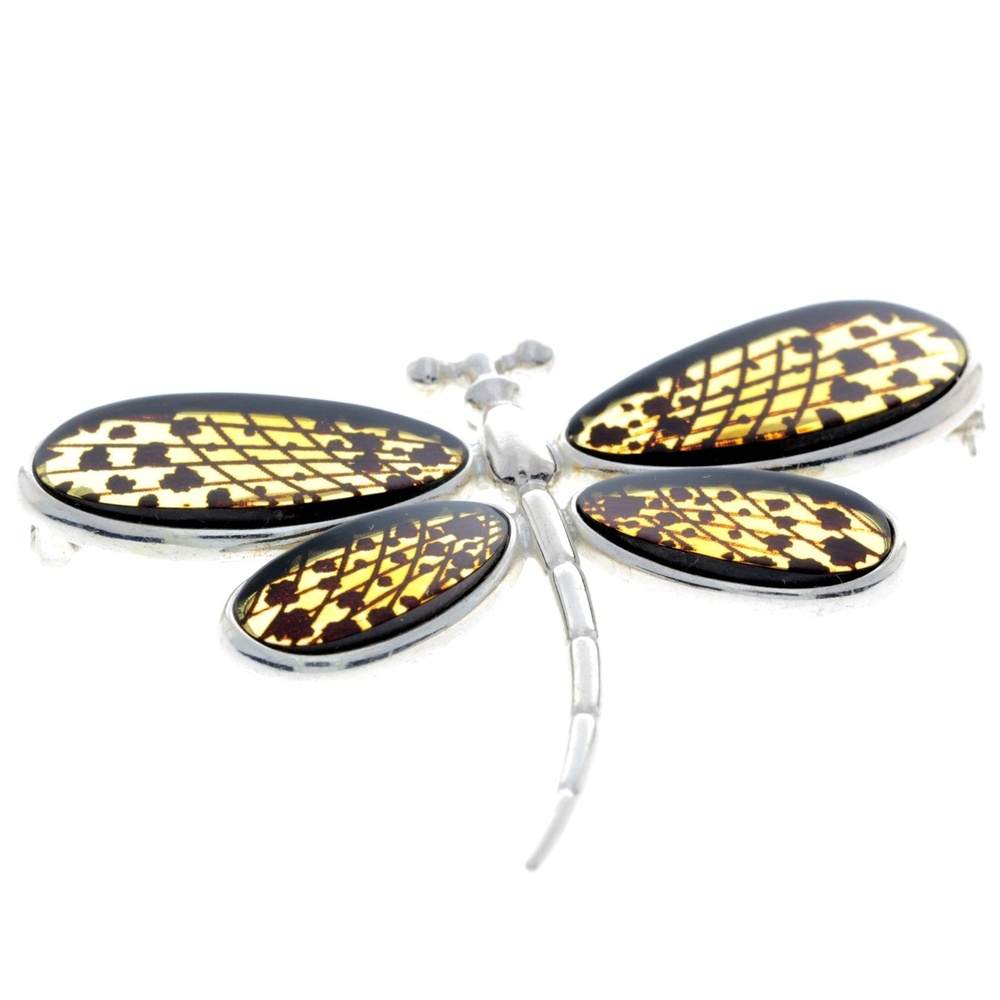 925 Sterling Silver & Genuine Engraved Baltic Amber Butterfly Brooch - AF803