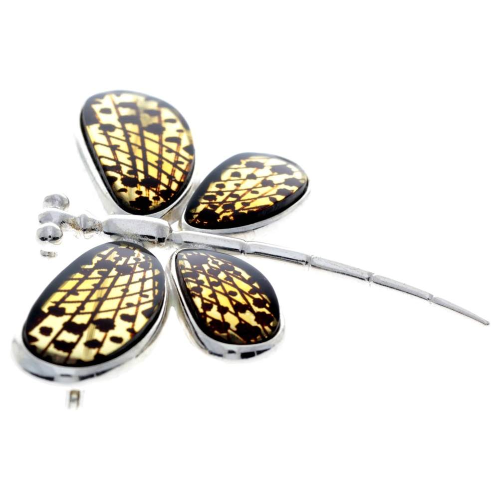 925 Sterling Silver & Genuine Engraved Baltic Amber Butterfly Brooch - AF803