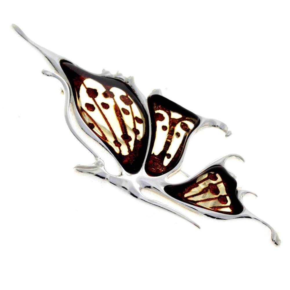 925 Sterling Silver & Genuine Engraved Baltic Amber Butterfly Brooch - AF804