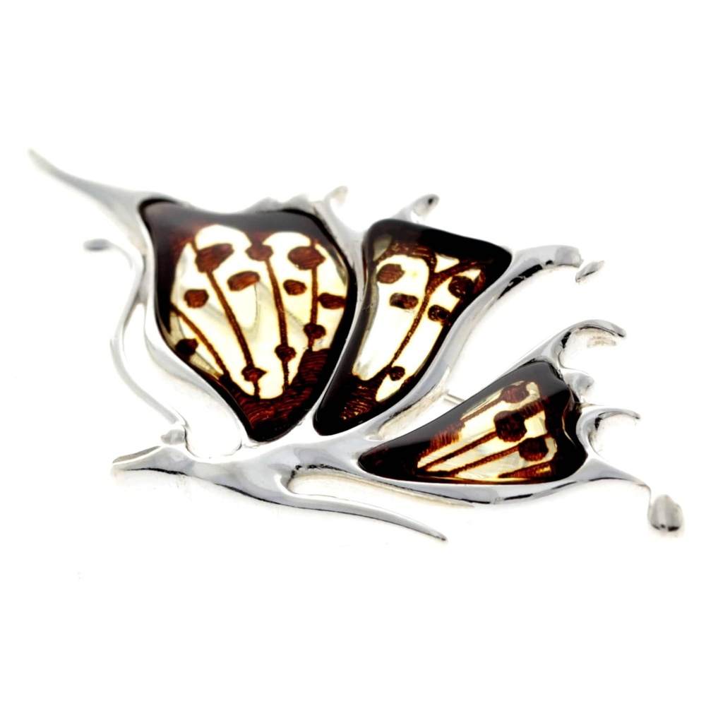 925 Sterling Silver & Genuine Engraved Baltic Amber Butterfly Brooch - AF804