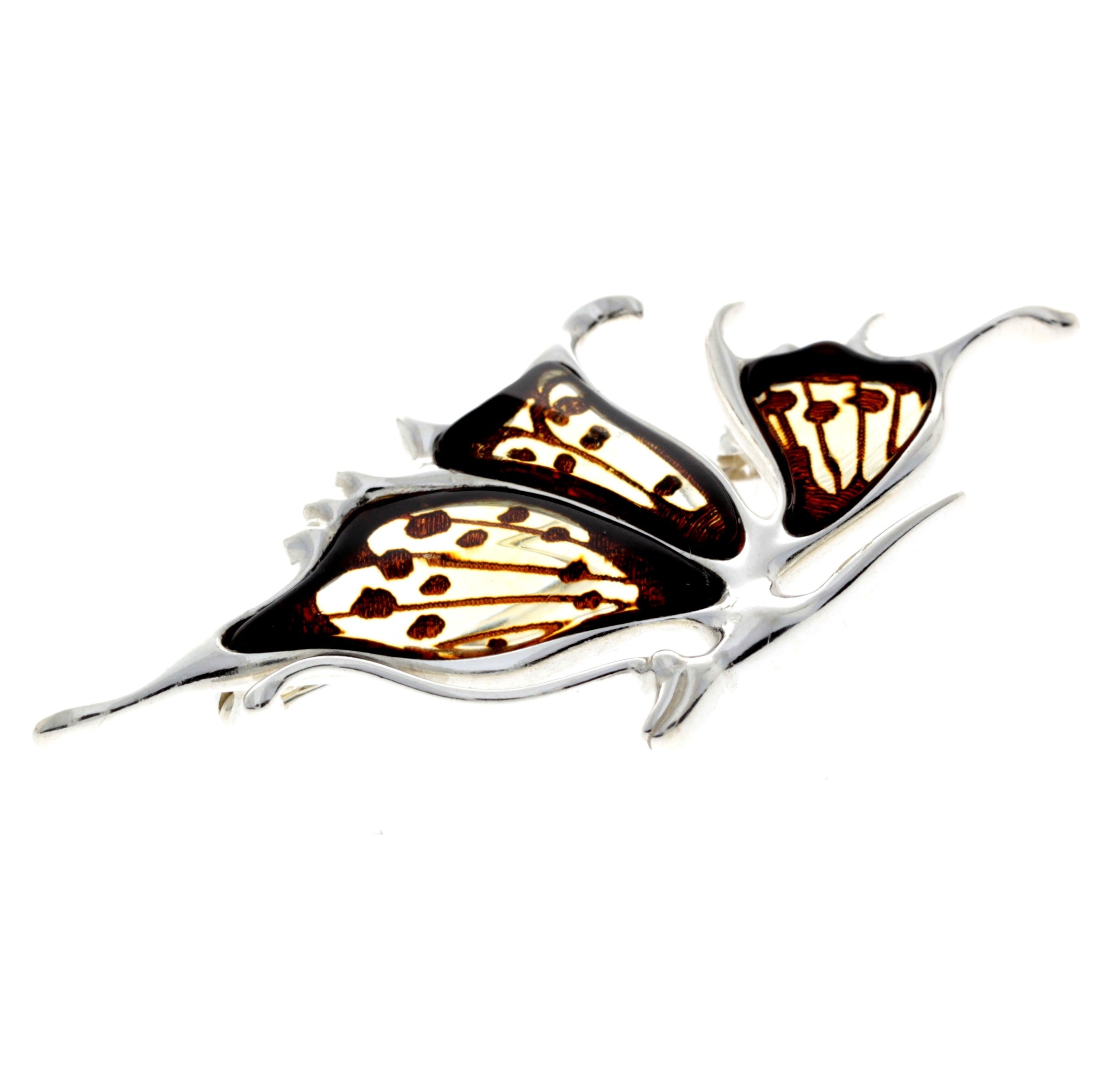925 Sterling Silver & Genuine Engraved Baltic Amber Butterfly Brooch - AF804