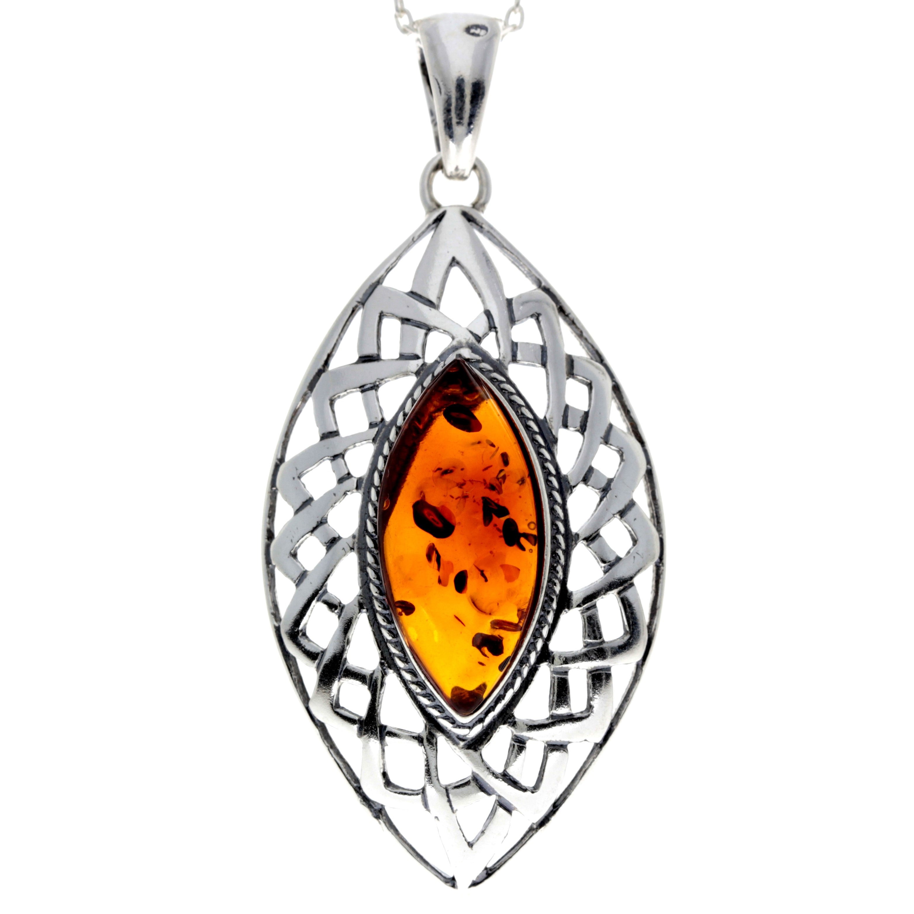 925 Sterling Silver & Genuine Baltic Amber Large Classic Celtic Pendant - AP05