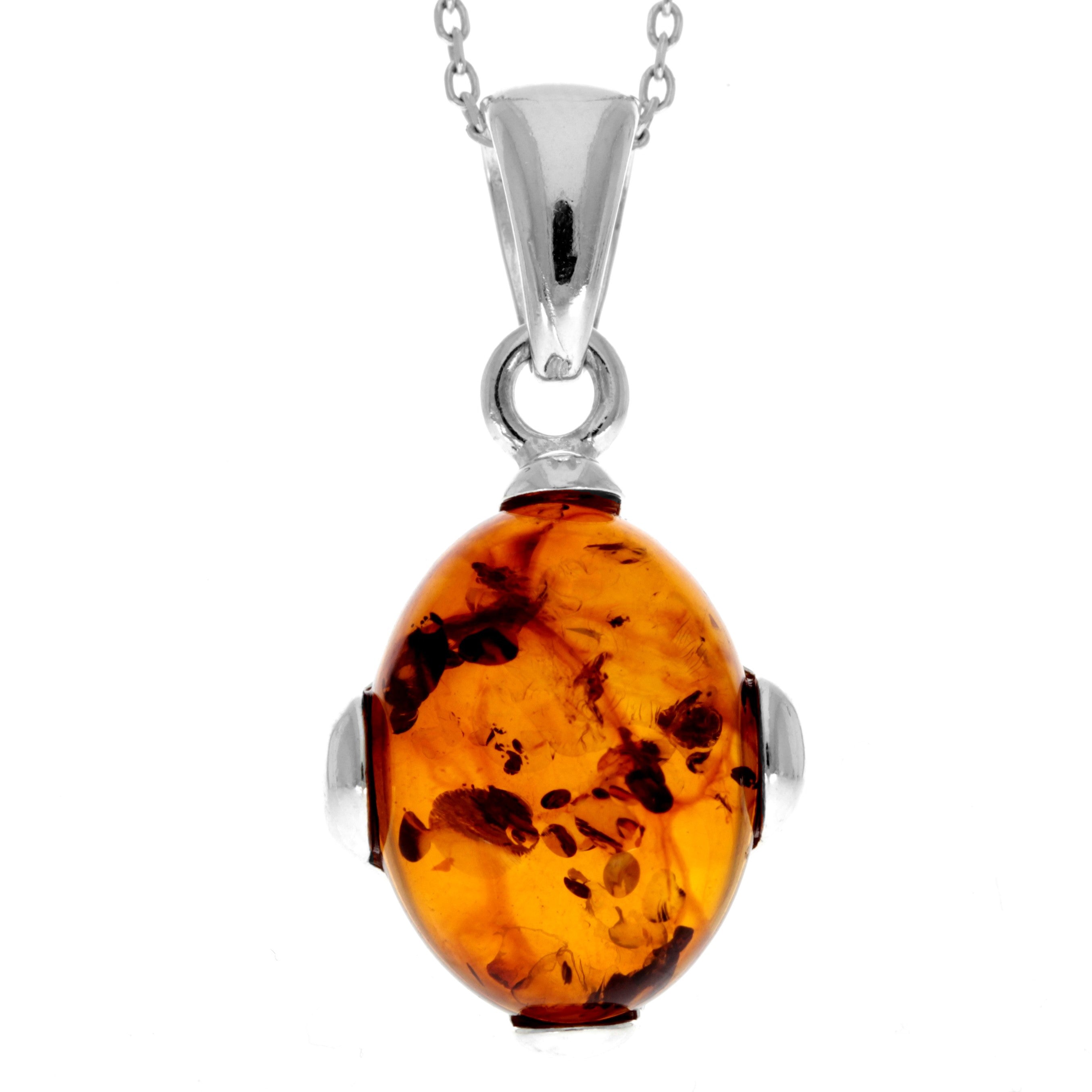 925 Sterling Silver & Genuine Baltic Amber Classic Oval Pendant - 573